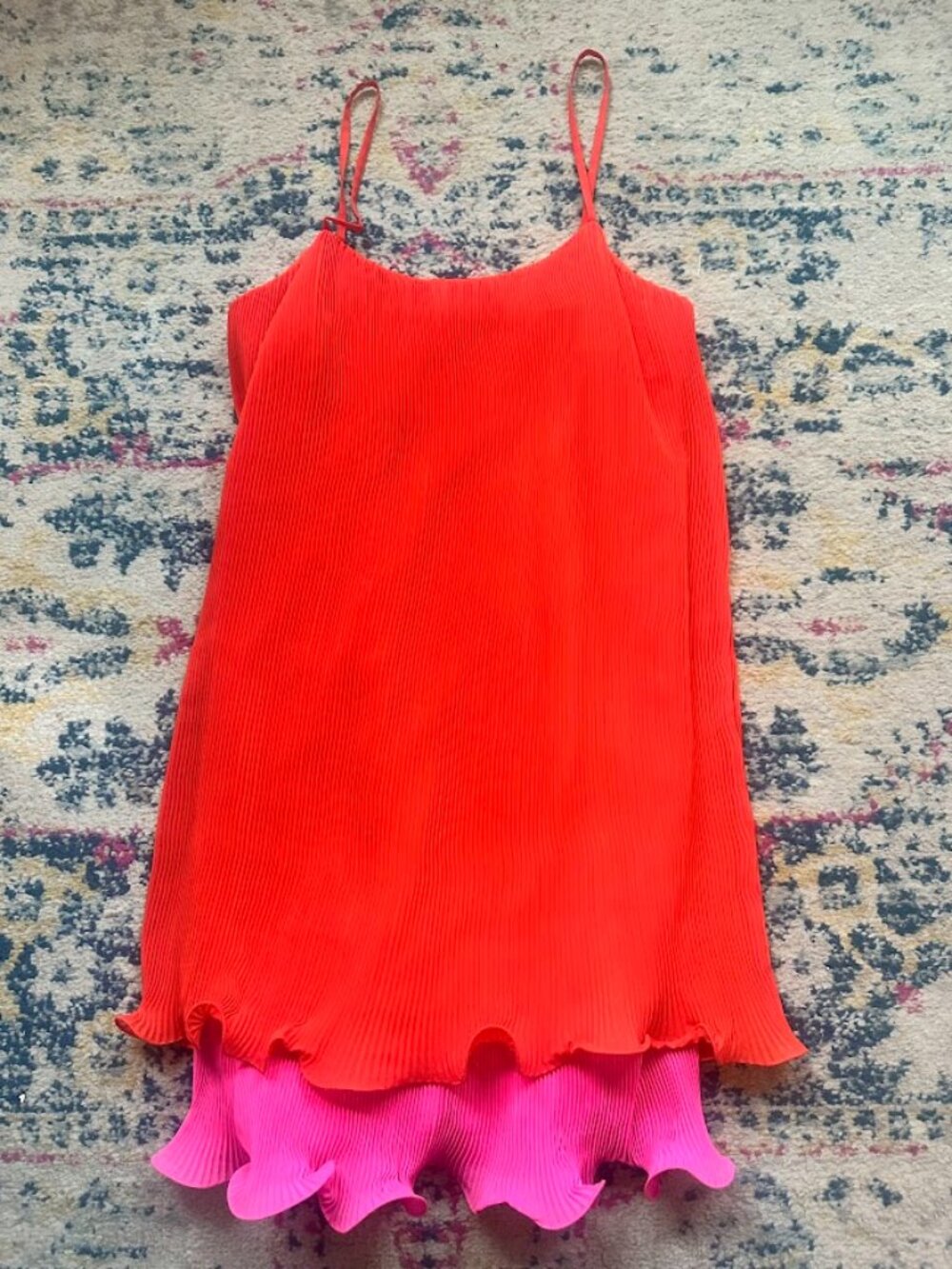 Milly Bianca Colorful Orange Red Pink Ruffle Hem Pleated Mini Dress - 2